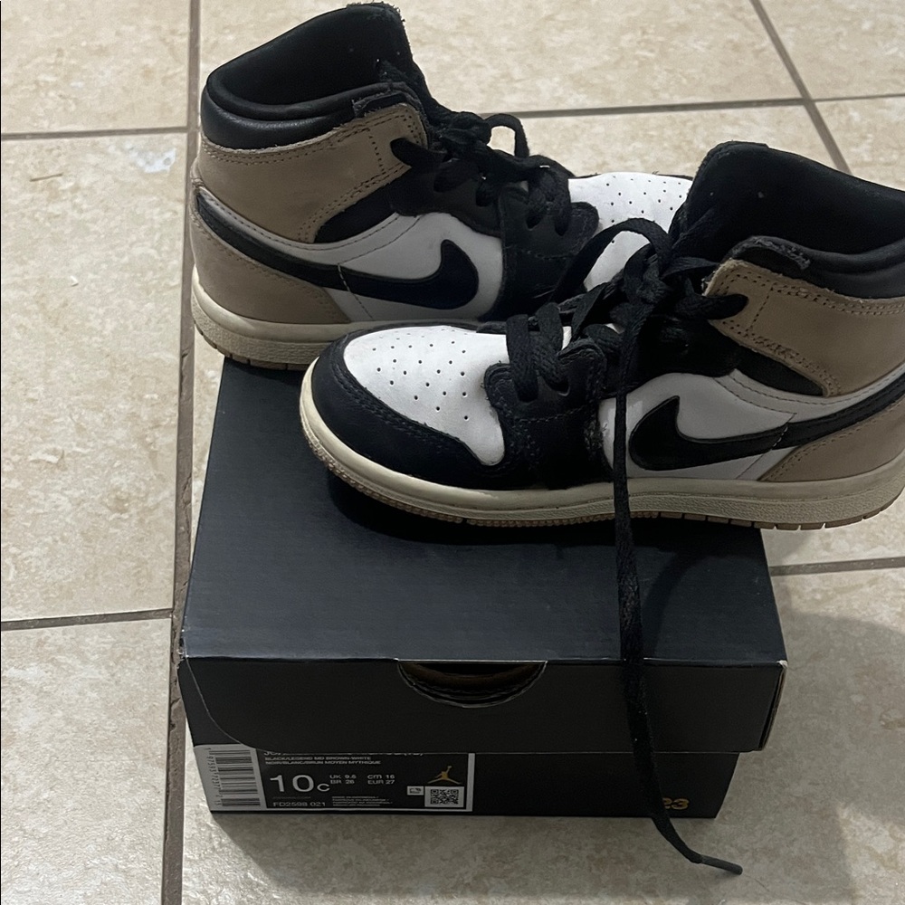 Jordan Kids Black, White, and Tan High-Top Sneakers